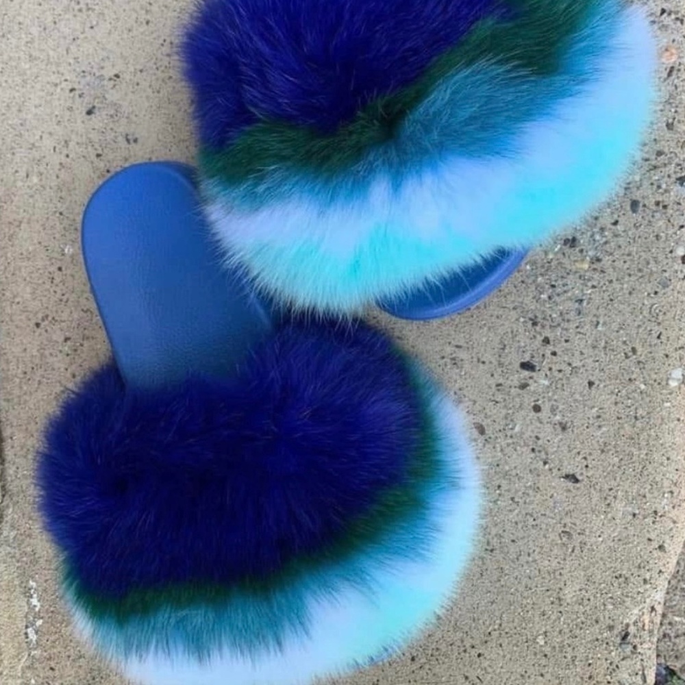 Blue Hannah Real Fur Slides sizes 7.5,8,8.5 only